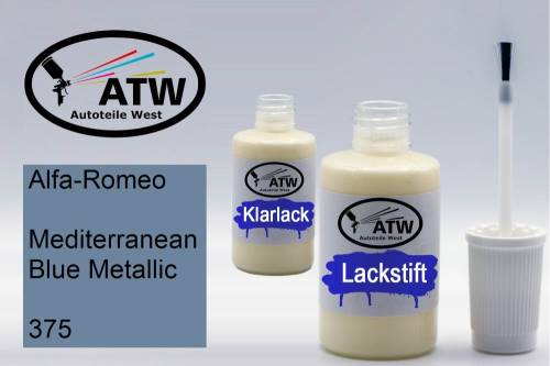 Alfa-Romeo, Mediterranean Blue Metallic, 375: 20ml Lackstift + 20ml Klarlack - Set, von ATW Autoteile West.